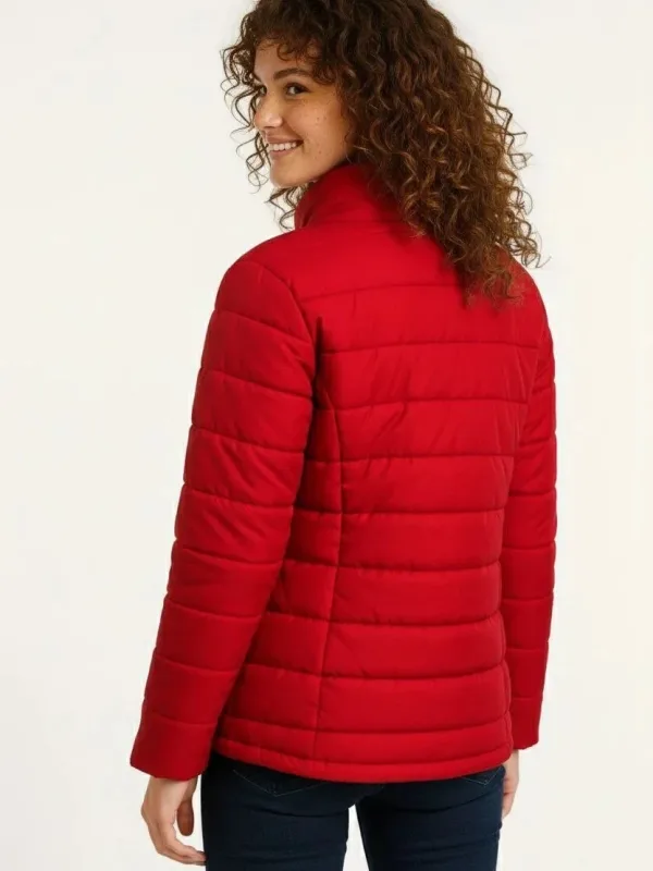 Women's Red Micro Water Repellent Quilted Printed Zippered Bomber Jacket 2