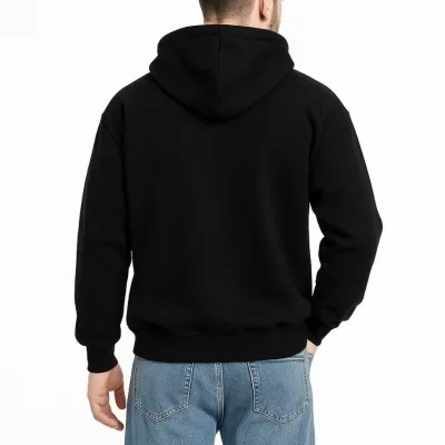 Męska czarna oversize bluza z kapturem, zapinana na zamek, z nadrukiem, 3-nitkowa, drapana 3