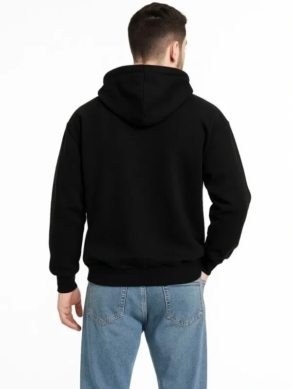 Męska czarna oversize bluza z kapturem, zapinana na zamek, z nadrukiem, 3-nitkowa, drapana 3