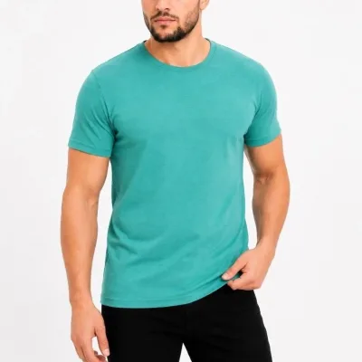 Erkek Su Yeşili Slim Bisiklet Yaka Basic Tişört 1