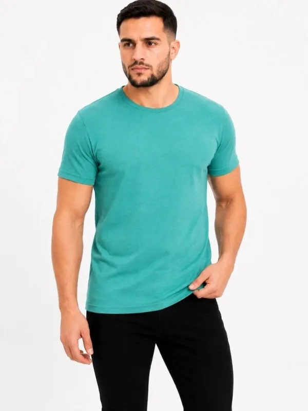 Erkek Su Yeşili Slim Bisiklet Yaka Basic Tişört 1