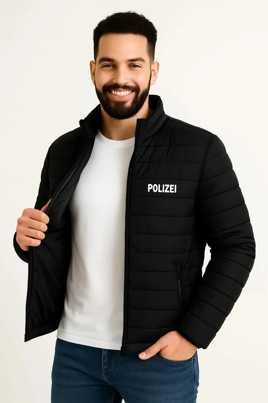 Pánska čierna vodeodolná prešívaná potlačená so zipsom bomber bunda