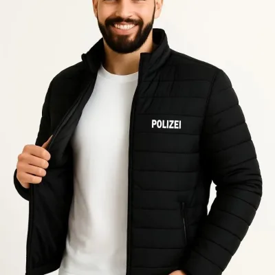 Pánska čierna vodeodolná prešívaná potlačená so zipsom bomber bunda 1