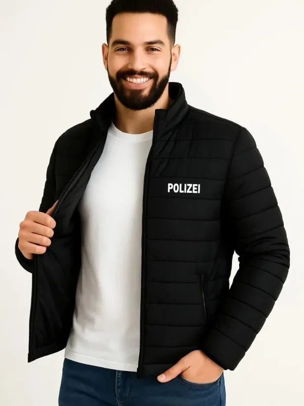 Pánska čierna vodeodolná prešívaná potlačená so zipsom bomber bunda 1