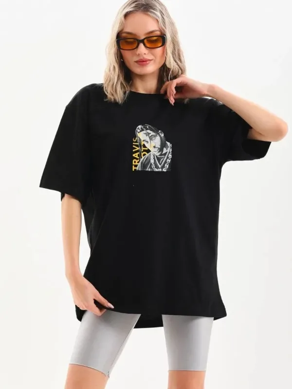Ženski crni Oversize Bicikli kragna print svakodnevna majica 8
