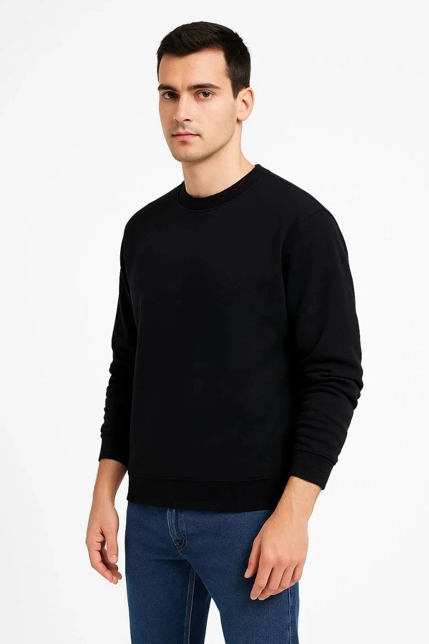 Férfi fekete 3 szálas pamut kerékpáros nyakú sweatshirt