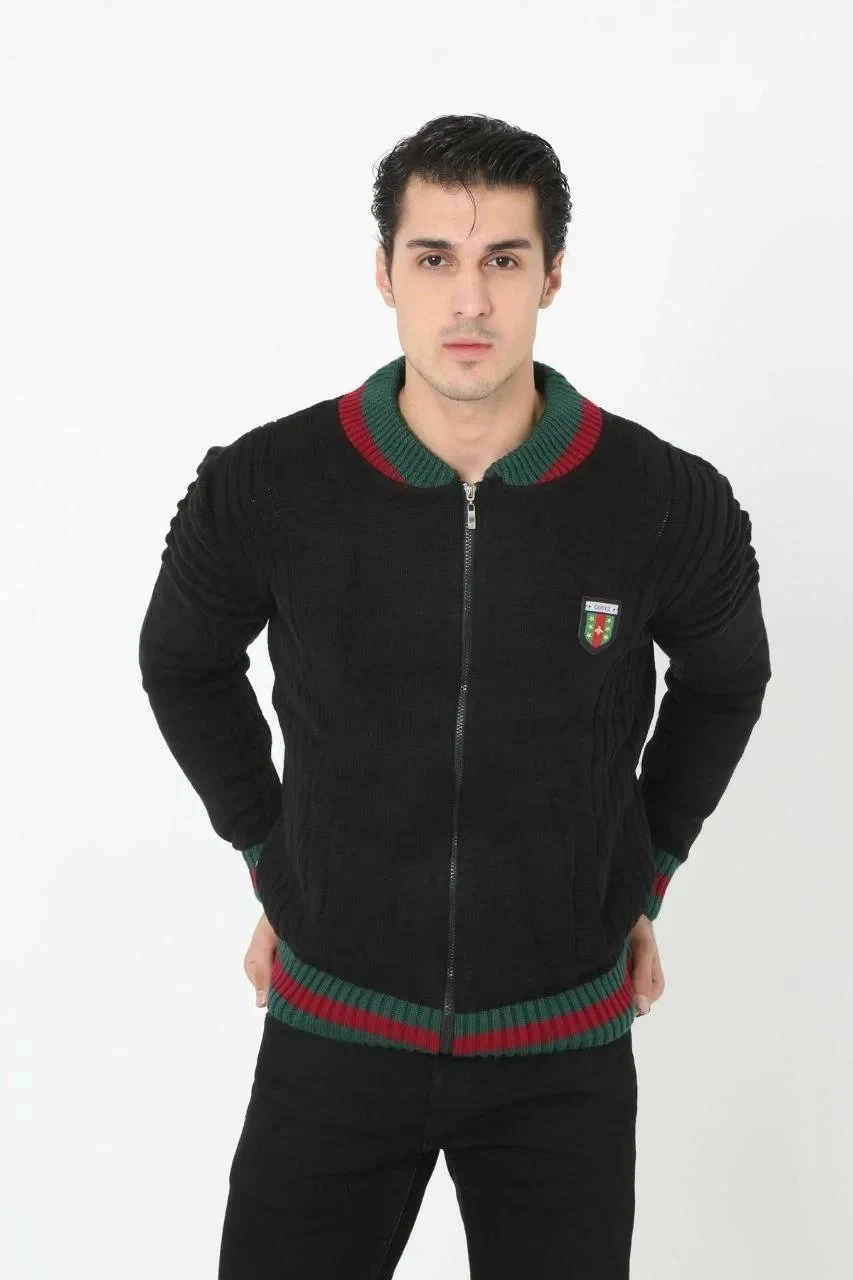 Maschio Nero Giacca Spessa in Maglia con Cerniera Completa