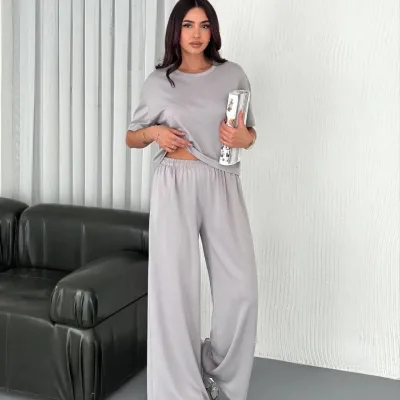 Women's Gray Oversize Scoop Neck Printed Set 2
