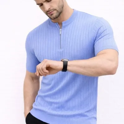 Men's Baby Blue Ribbed Mandarin Collar Short Sleeve Knit T-Shirt 3