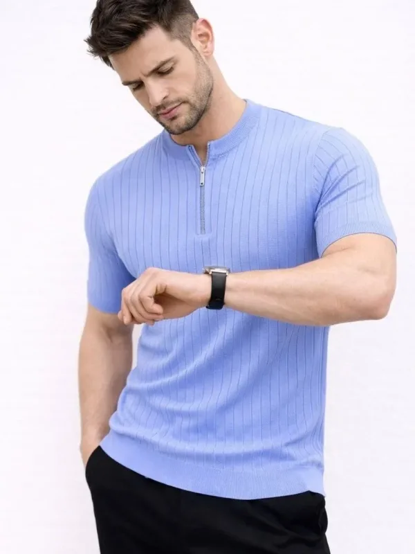 Men's Baby Blue Ribbed Mandarin Collar Short Sleeve Knit T-Shirt 3