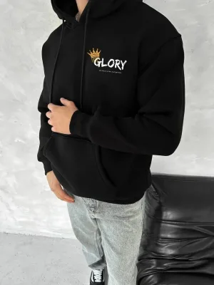 Férfi fekete 3 szálas pamut nyomott kenguru zsebes kapucnis sweatshirt