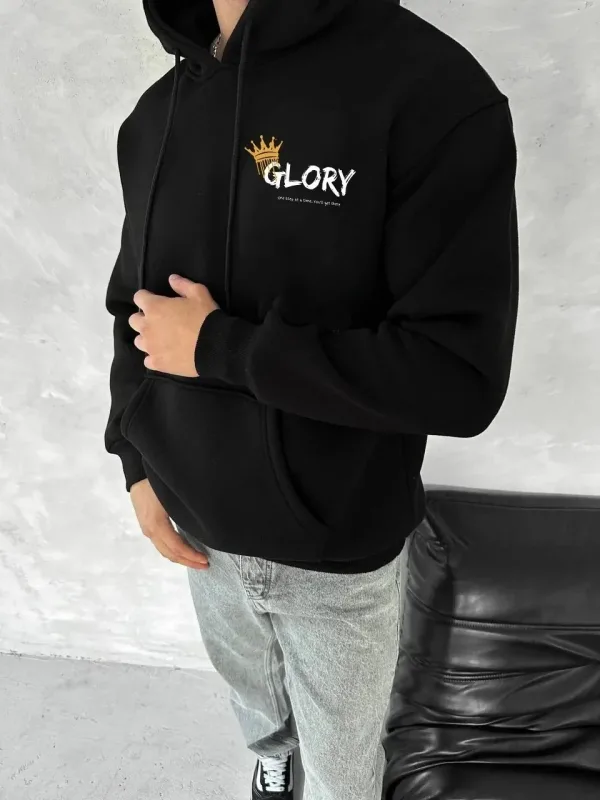 Férfi fekete 3 szálas pamut nyomott kenguru zsebes kapucnis sweatshirt 1