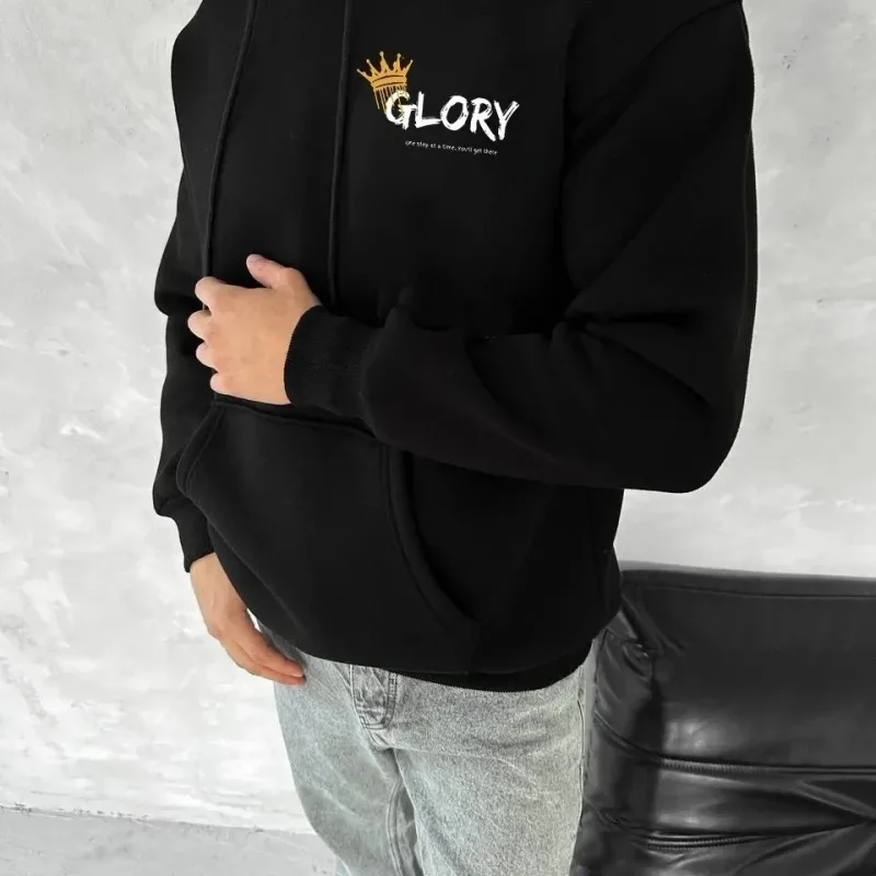 Férfi fekete 3 szálas pamut nyomott kenguru zsebes kapucnis sweatshirt
