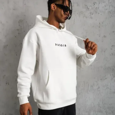 Muški bijeli oversize 3-niti pamučni s kapuljačom tiskani s džepom sweatshirt 3