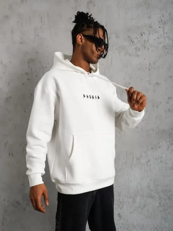 Muški bijeli oversize 3-niti pamučni s kapuljačom tiskani s džepom sweatshirt 3