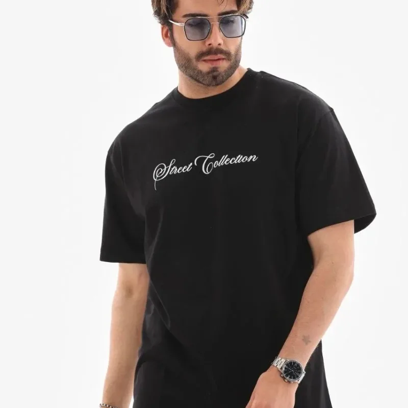 Μαύρο Ανδρικό Oversize Ποδήλατο Λαιμό Τυπωμένο Καλοκαιρινό T-shirt