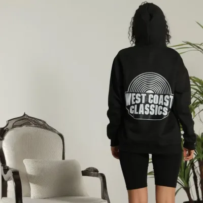 Damski Czarny Oversize Kaptur z Kieszenią 3-nitkowy Bawełniany Nadruk Hoodie 2