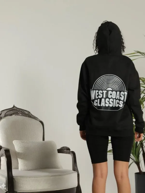 Damski Czarny Oversize Kaptur z Kieszenią 3-nitkowy Bawełniany Nadruk Hoodie 2