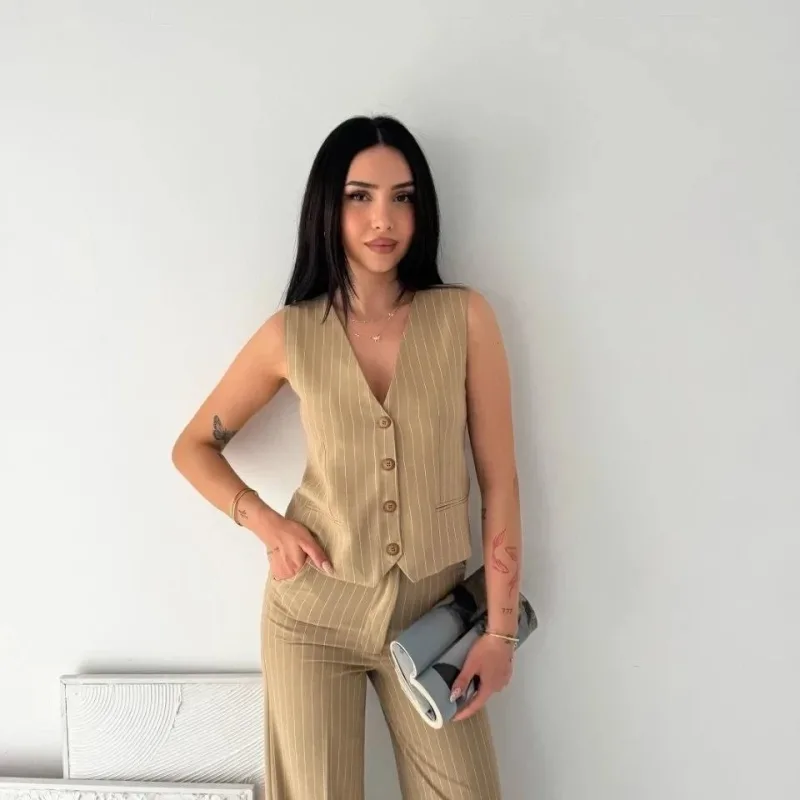 Femeie Bej Dungată Țesătură Tansel Set Două Piese Birou Elegant