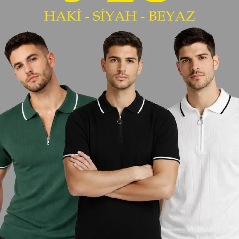 Kişi 3'lü Dəst Fermuarlı Polo Yaxalı Qısaqol Trikotaj Köynək