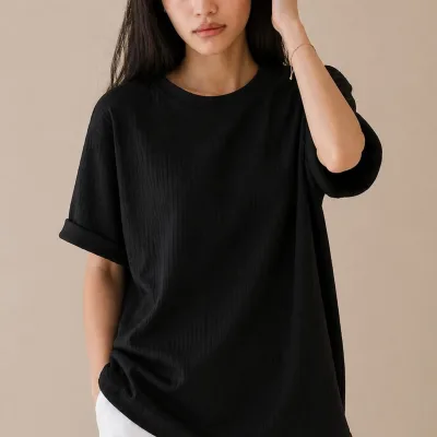 Koma 2 T-Shirtên Oversize yên Ribana yên Jinan %100 Pembû Reş û Şînê Tarî 4