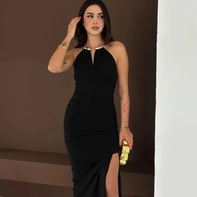 Ženska Crna Prorez Leđa Izrez Elegantna Duga Večernja Haljina 6