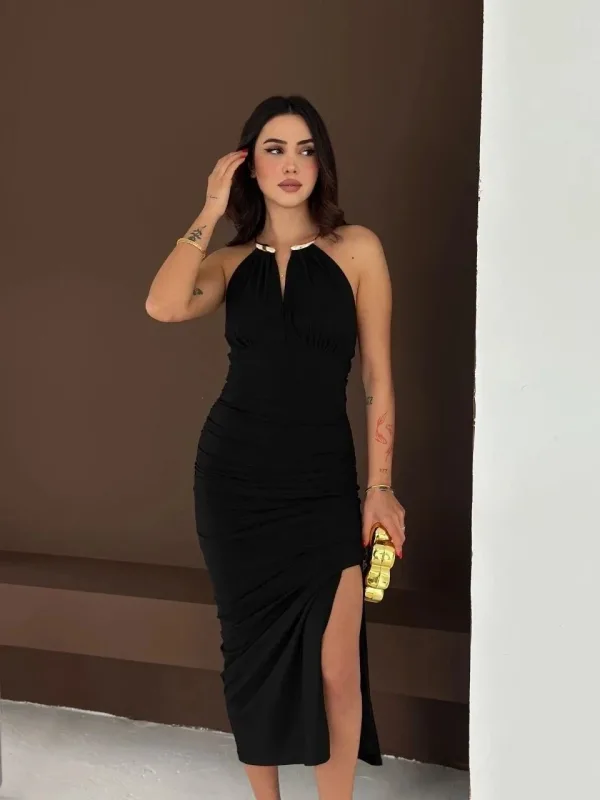 Ženska Crna Prorez Leđa Izrez Elegantna Duga Večernja Haljina 6