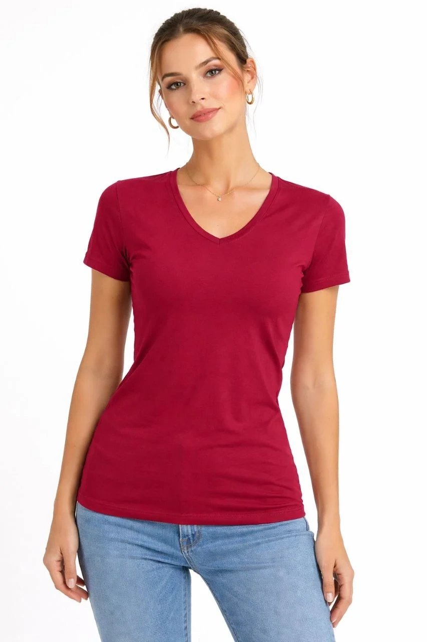 Γυναικείο T-Shirt V Λαιμό Slim Fit Με Ελαστάνη T-shirt Καλοκαιρινό Basic Body - Κόκκινο