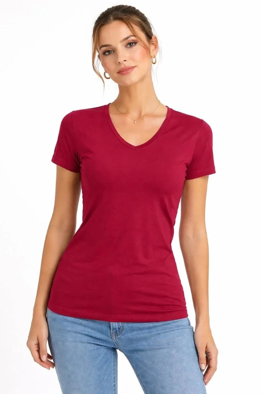 Dámske tričko V-výstrih slim fit s lycrou, letné basic body - červené