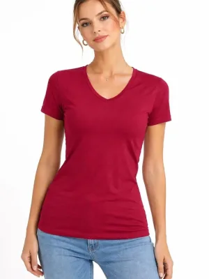 Dámske tričko V-výstrih slim fit s lycrou, letné basic body - červené
