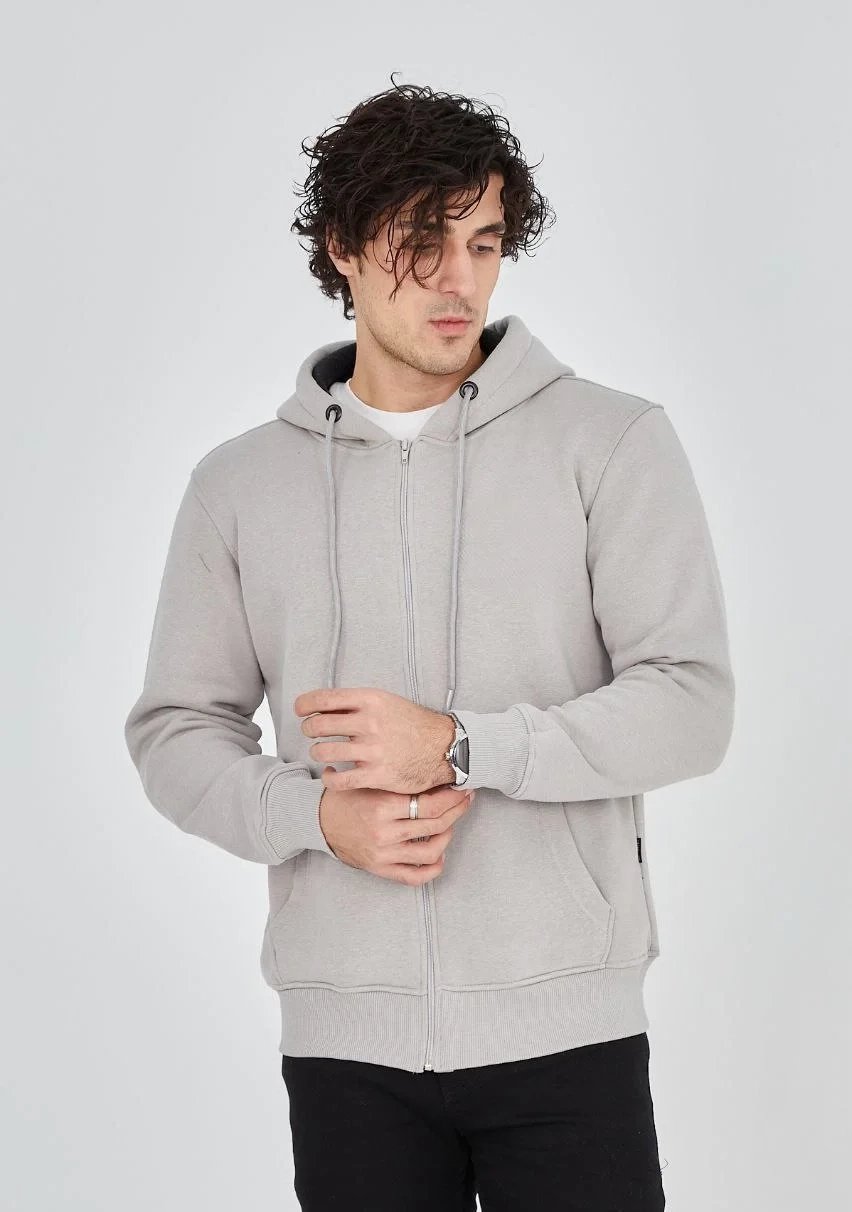 Ανδρικό Γκρι 3-κλωνο Βαμβακερό Hoodie με Πλήρες Φερμουάρ, Κουκούλα και Τσέπες