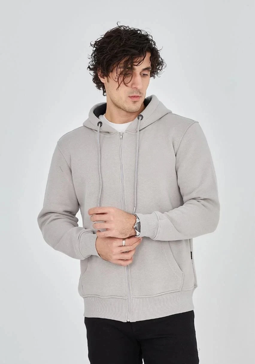 Kişi Boz 3 İplik Pambıqlı Tam Fermuarlı Başlıqlı Cepli Hoodie