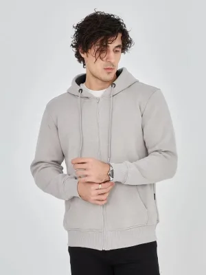 Kişi Boz 3 İplik Pambıqlı Tam Fermuarlı Başlıqlı Cepli Hoodie