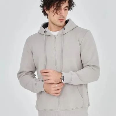 Kişi Boz 3 İplik Pambıqlı Tam Fermuarlı Başlıqlı Cepli Hoodie 1