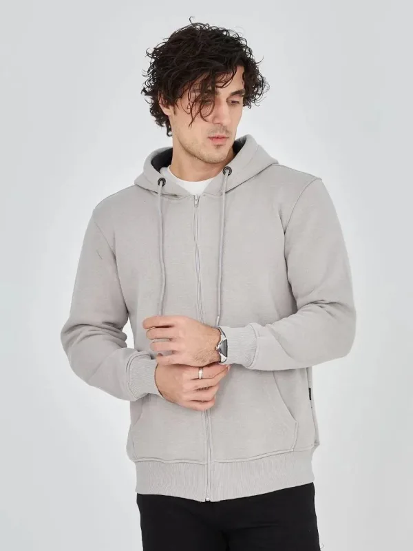 Kişi Boz 3 İplik Pambıqlı Tam Fermuarlı Başlıqlı Cepli Hoodie 1