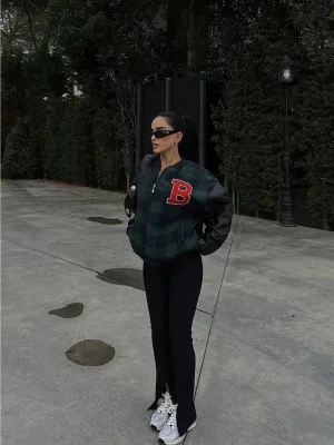 Women's Khaki Gingham Pattern Embroidered College Jacket