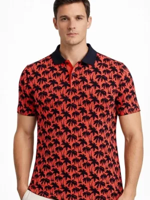 Man Red Pique Fabric Polo Collar Palm Patterned T-Shirt