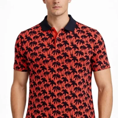 Man Red Pique Fabric Polo Collar Palm Patterned T-Shirt 1