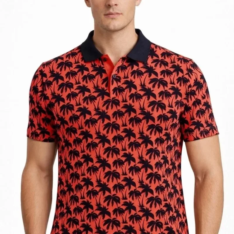 Man Red Pique Fabric Polo Collar Palm Patterned T-Shirt