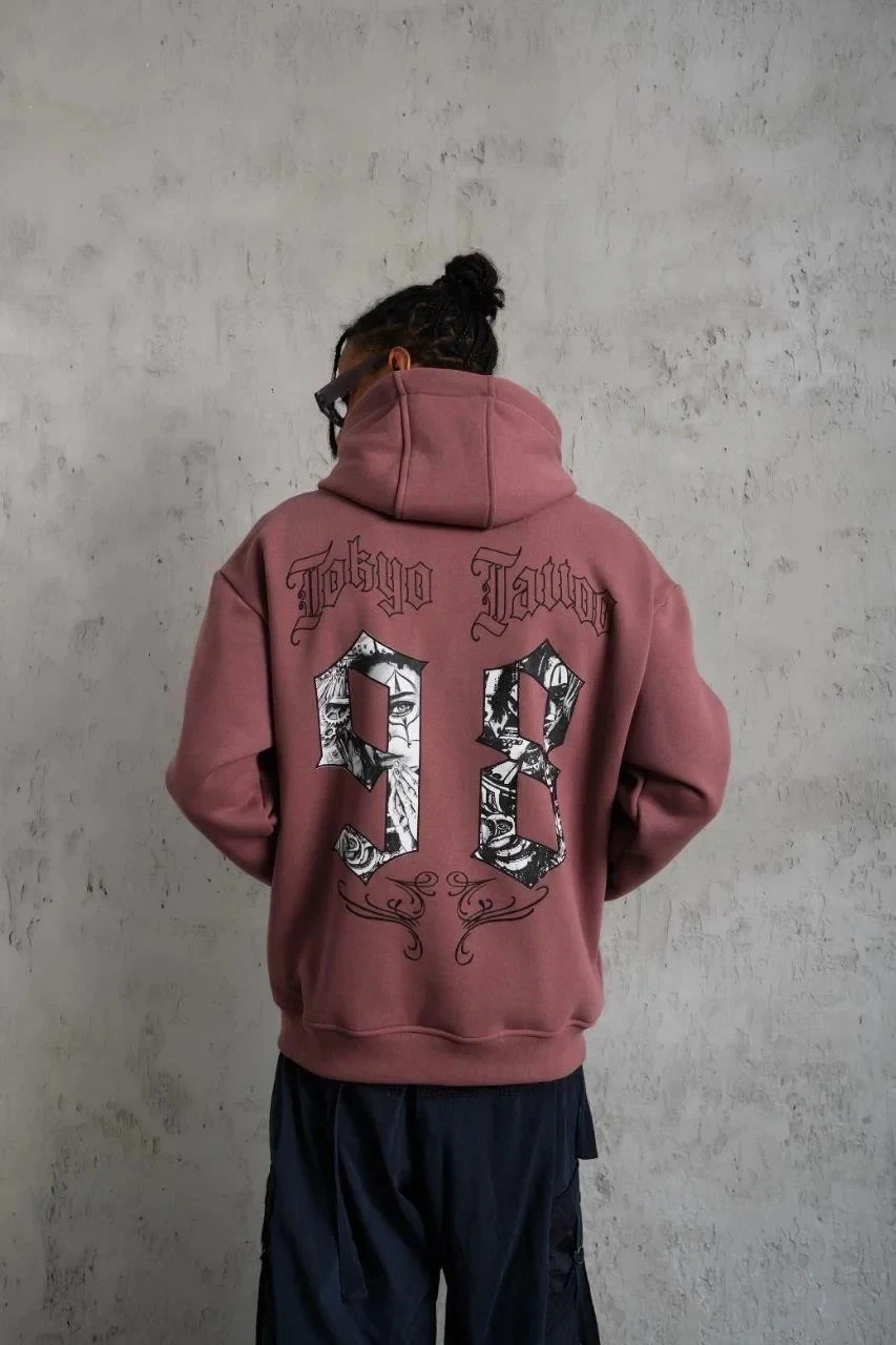Men's Dusty Rose 3-Thread Cotton Hooded Printed Sweatshirt with Pockets