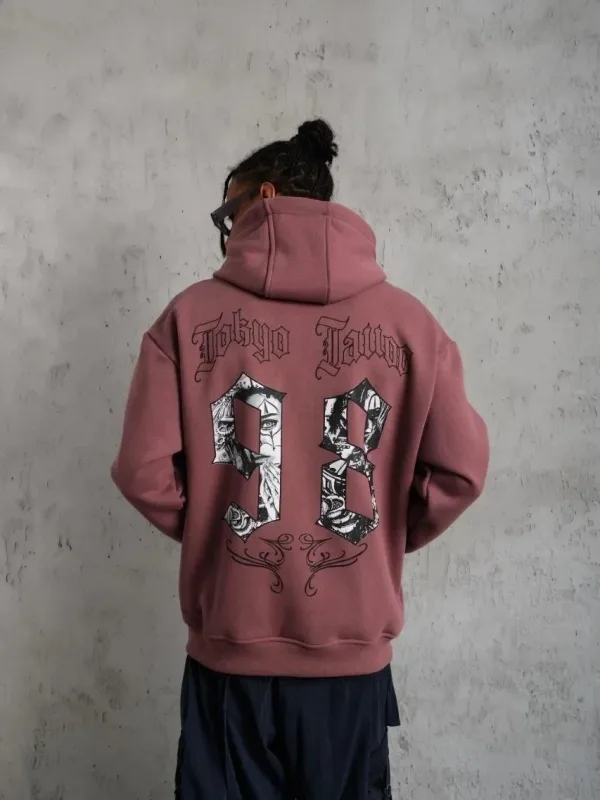 Muški ružičasti 3-niti pamučni s kapuljačom tiskani s džepom sweatshirt