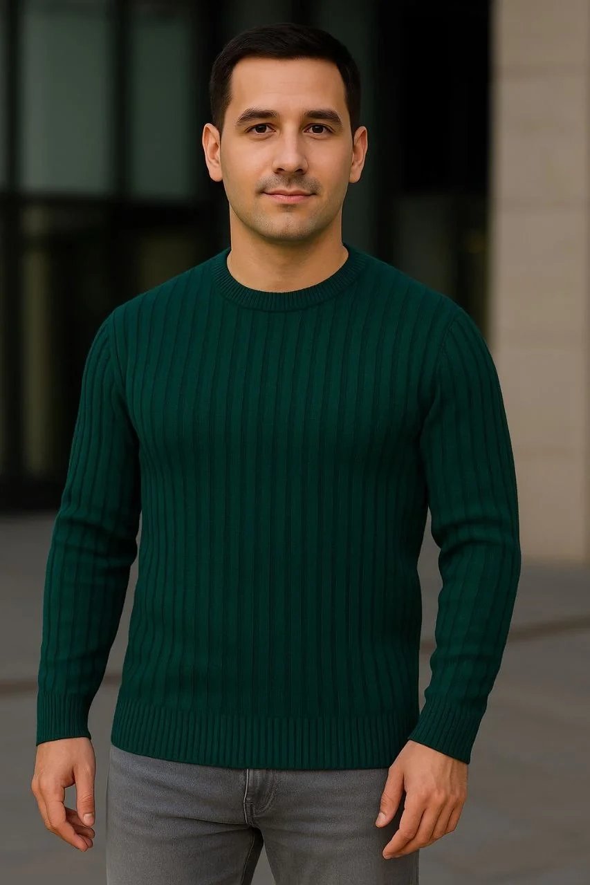 Ανδρικό Χακί Regular Fit Ριμπέ Ποδηλατόγιακα Πλεκτό Πουλόβερ