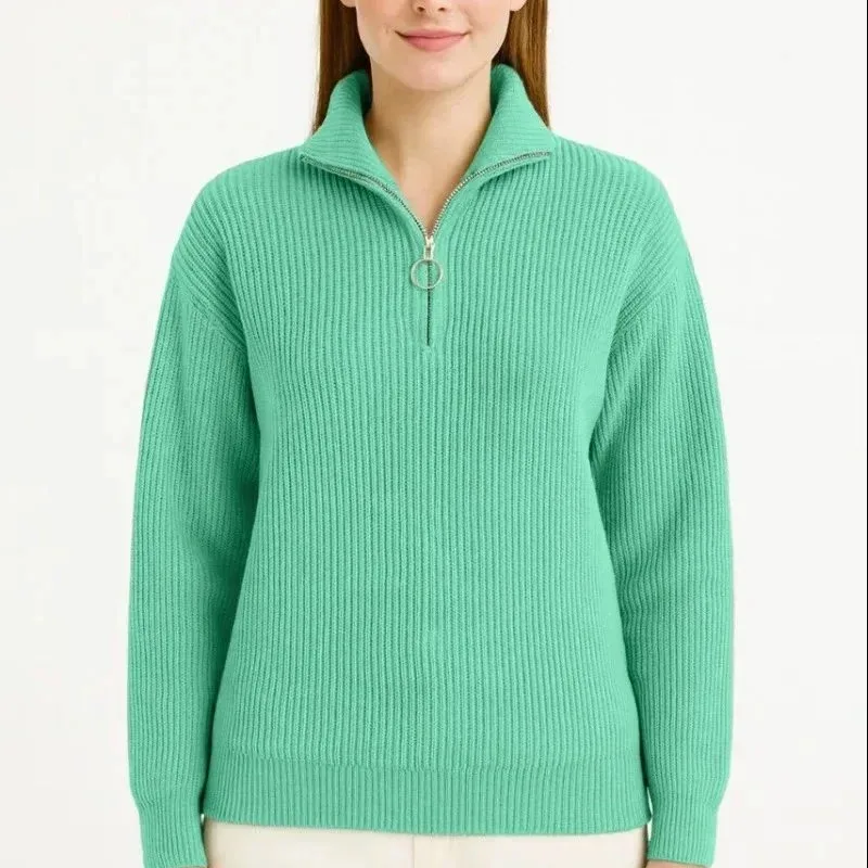 Women Mint Green Stand Collar Half Zip Selanik Knit Cotton Sweater