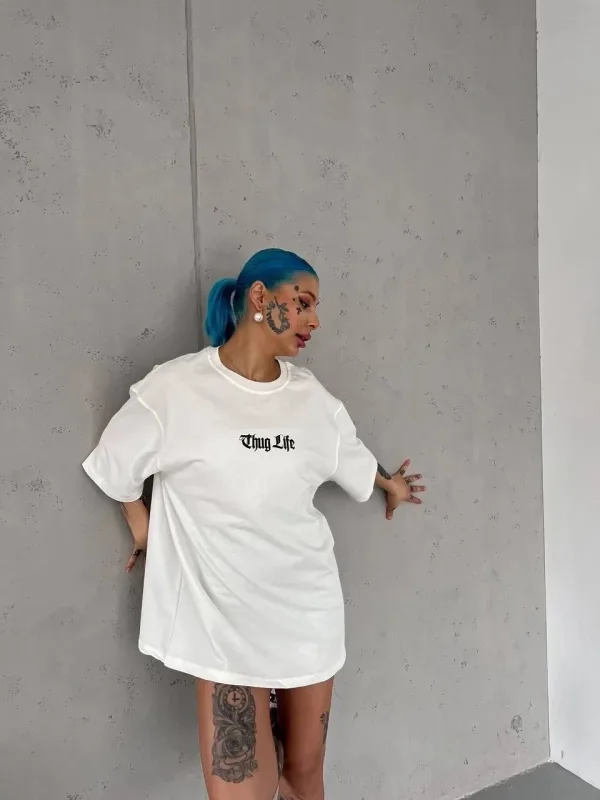 Женски Бел Oversize Бициклета Јака Печатена Летна Маица 2