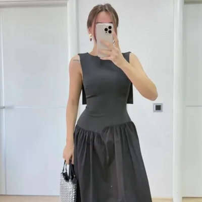 Women's Black Back Wing Detail Front Dart Long Dress 1