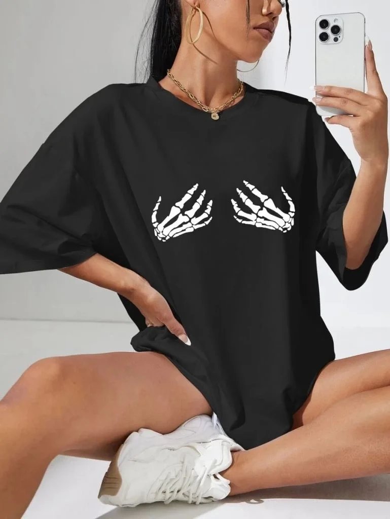 Γυναικείο Μαύρο Oversize Ποδηλατόλαιμο Τυπωμένο Μπλουζάκι