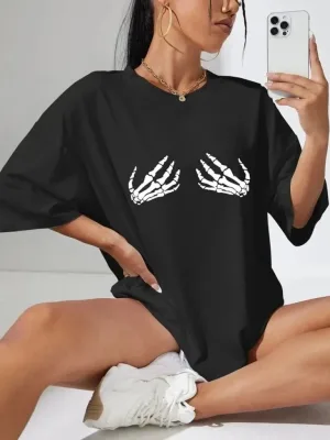 Női Fekete Oversize Kerékpárnyakú Nyomott Póló