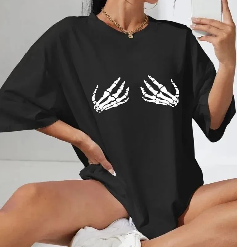 Női Fekete Oversize Kerékpárnyakú Nyomott Póló