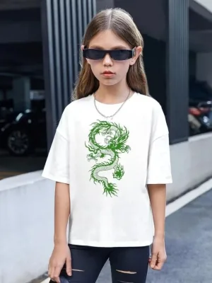 Dziecięca Biała Oversize T-Shirt z Nadrukiem Dekolt w Serek