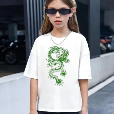 Dziecięca Biała Oversize T-Shirt z Nadrukiem Dekolt w Serek 1